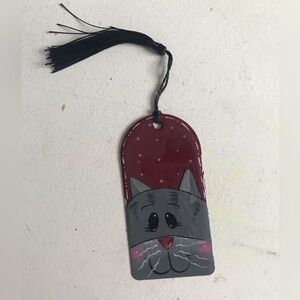 Hand-Painted Cat Bookmark - Burgundy and Gray